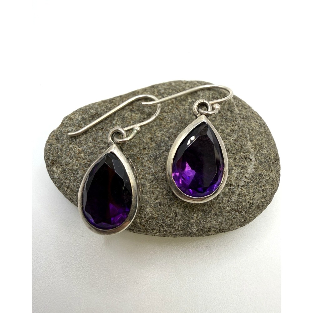 925 Sterling Silver Amethyst Teardrop Dangle Earrings Faceted Purple 5g